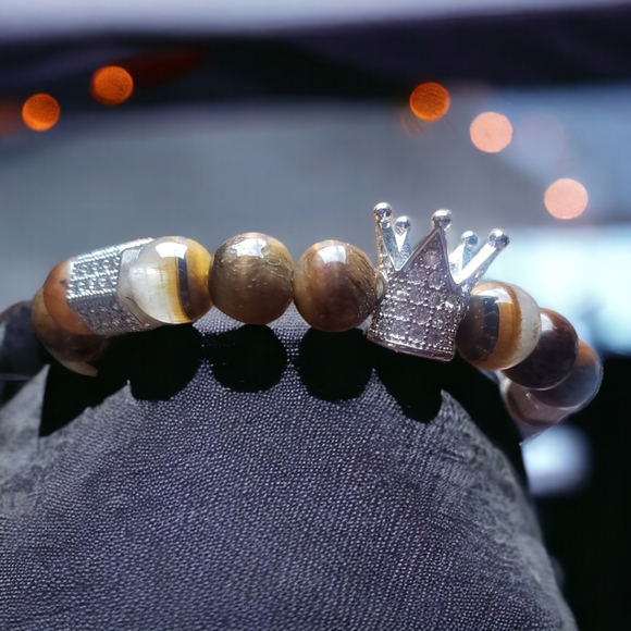 Tigers Eye Handcrafted Beaded Bracelet with Silver CZ Crown & Accent Beads - Picture 2 of 5